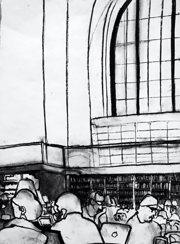 NYPL Main Reading Room;
charcoal on paper, 24 x 18" NYPL Main Reading Room;
charcoal on paper, 24 x 18"